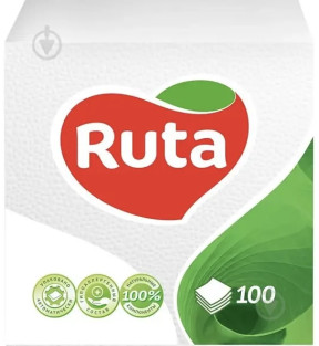 Серветки паперові RUTA білі, 33х33 см, 1 шар, 100 аркушів/уп